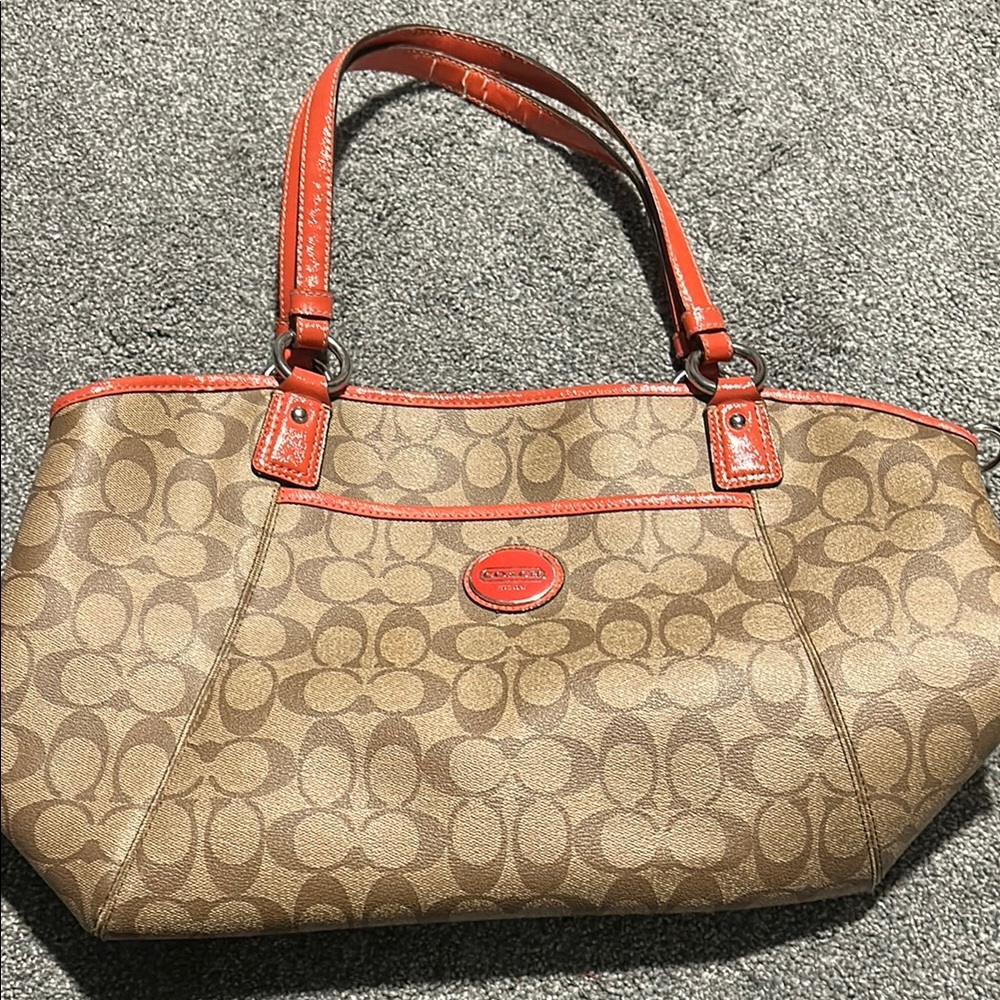 Authentic Coach Brown/Tan and Coral Tote Bag